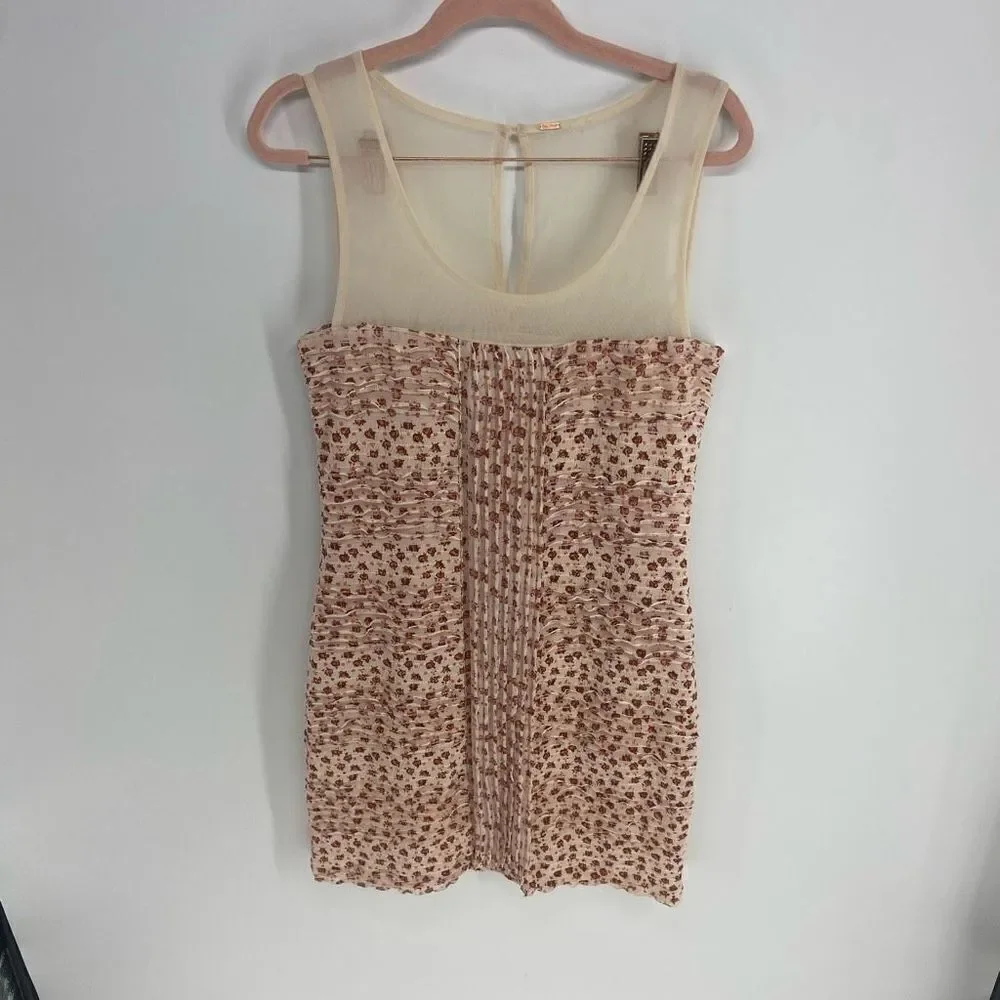 Free People Women's Blush Comb Mesh Ruched Floral Mini Dress Size Medium
